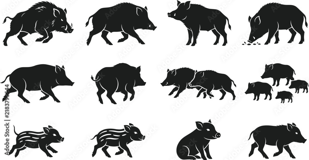 Fototapeta premium Wild Boar Silhouette Vector Icon Set with Razorback Boars Running Feeding Standing and Striped Boar Piglets for Hunting and Forest Wildlife Graphic Designs