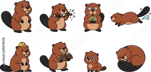 Bild auf Leinwand Cute Beaver Character Vector Illustration Set with Various Poses Gnawing Wood Ca