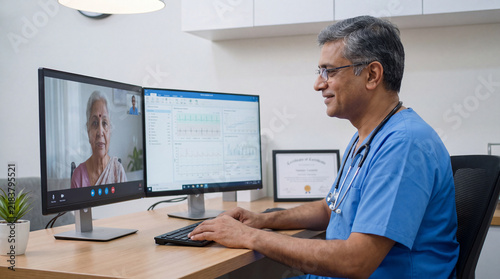 Telemedicine Consultation: A compassionate doctor engages in a virtual medical consultation with an elderly patient via a video call, demonstrating the accessibility of modern healthcare.