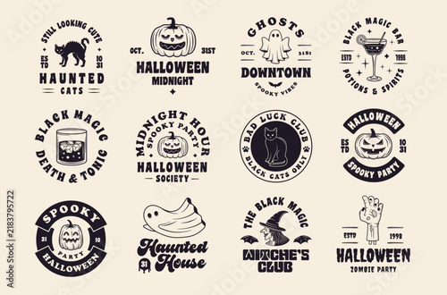 Vintage Halloween badges with cats ghosts pumpkins and witch