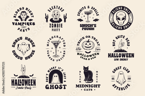 Retro Halloween emblems with ghosts monsters and cocktails