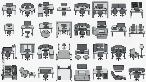 Diverse Office Workstation Setups with Desks Chairs and Computer Equipment