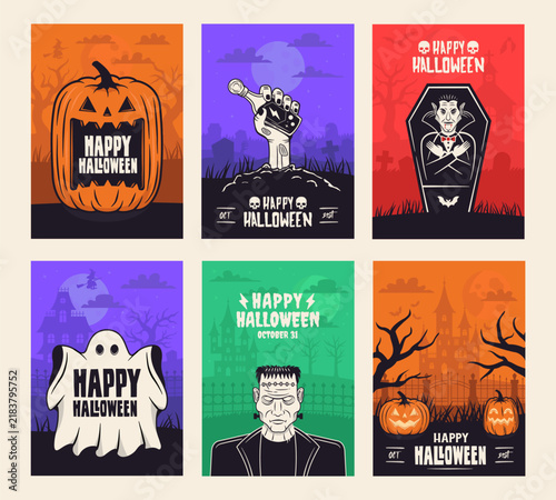 Halloween posters with pumpkin ghost vampire and zombie hand