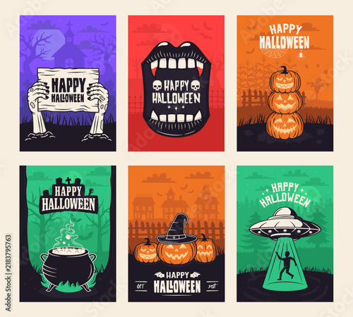 Colorful Halloween posters with pumpkins vampire and UFO