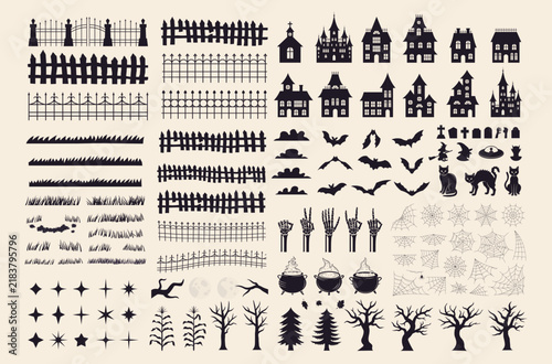 Halloween scene silhouettes with houses fences trees and webs