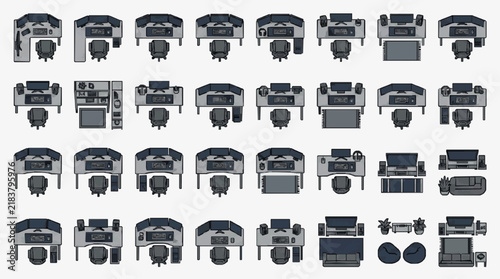 Top down office desk and seating arrangements with computer workstations