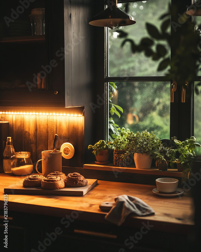 Fresh Cinnamon Rolls in Cozy Modern Kitchen with Indoor Herbs and Warm Hygge Lighting