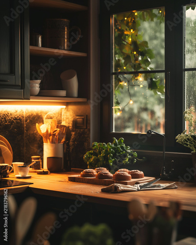Fresh Cinnamon Rolls and Kitchen Herb Garden by Rainy Window with Cozy Cottagecore Atmosphere