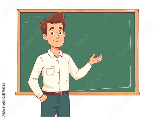 3D Cartoon Teacher Presenting on Green Chalkboard