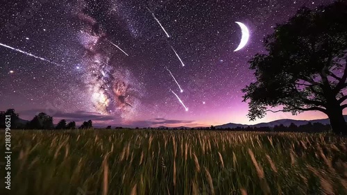 Purple Milky Way Night Sky with Crescent Moon and Meteors