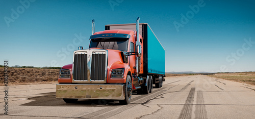 Red semi truck hauling cargo trailer on open highway