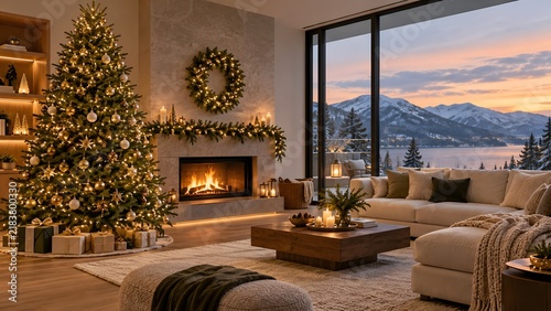 A cozy living room decorated for Christmas, with a glowing fireplace, a beautifully adorned Christmas tree, and a stunning view of snow-capped mountains and a lake at sunset