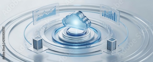 Plakat Futuristic cloud computing interface with digital data analytics and server infrastructure.