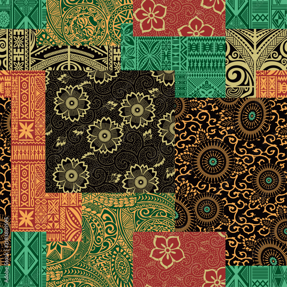 Obraz premium Japanese fabric tapa cloth and maori tattoo patchwork abstract vector seamless pattern for fabric summer wear shirt pillow tablecloth carpet poster towel rug