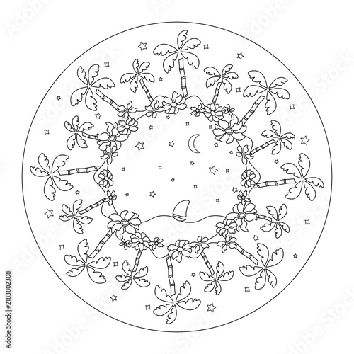 Mandala. Sailboat sailing surrounded by palm trees.