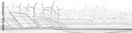Panoramic line art illustration of a sustainable smart city with solar panels, wind turbines and high speed train. Modern urban skyline with renewable energy infrastructure, clean technology and green