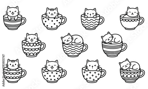 Cats in Cups Naive Style Vector Set Illustration 