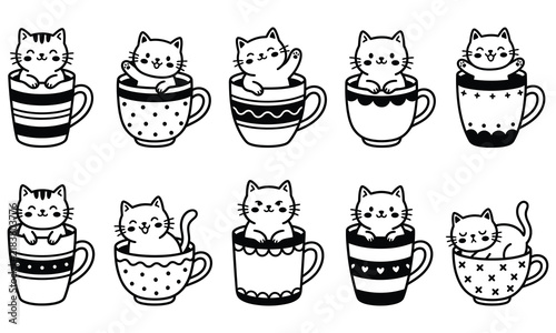Cats in Cups Naive Style Vector Set Illustration 