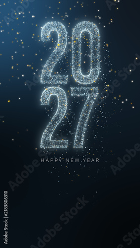 Vertical Happy New Year 2027 stacked text made of sparkling golden glitter particles for mobile story and reels.