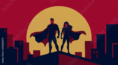 Foto Superhero Couple Silhouettes Overlooking City Skyline at Sunset