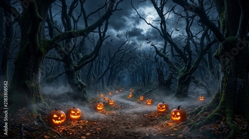 Eerie halloween atmosphere featuring illuminated jack o lanterns set against dark forest backdrop