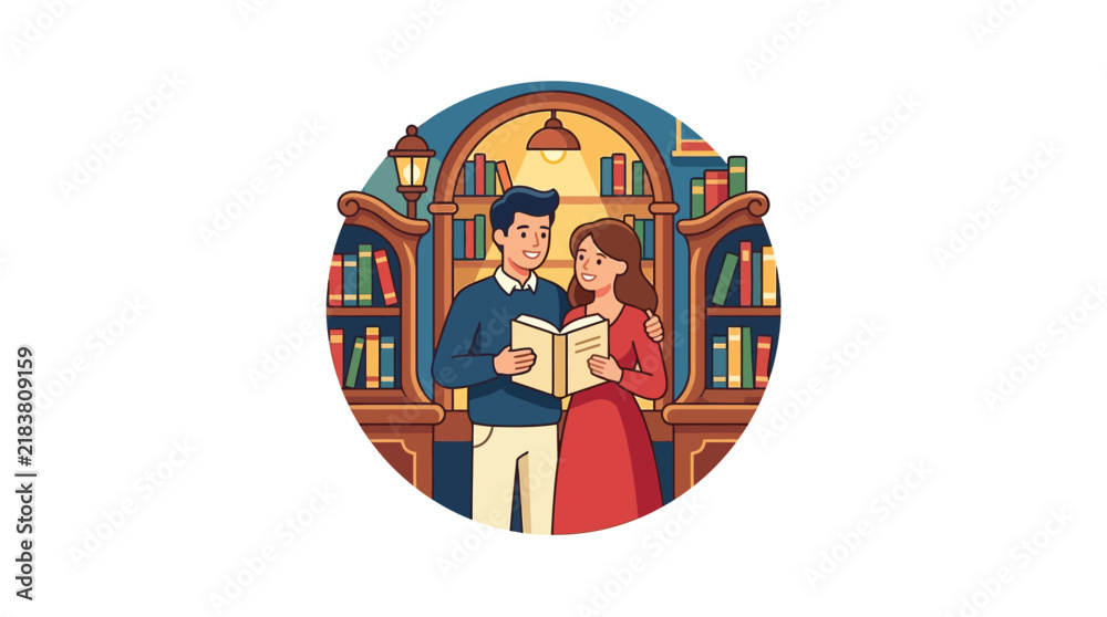 Naklejka premium Couple Reading Together in Library Setting.