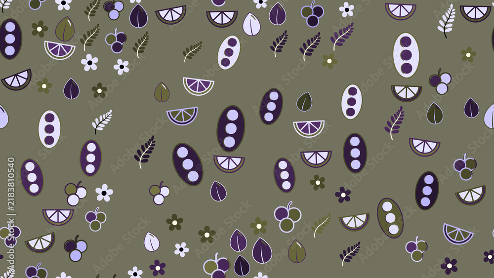 Stylized fruit, leaf, and flower seamless pattern