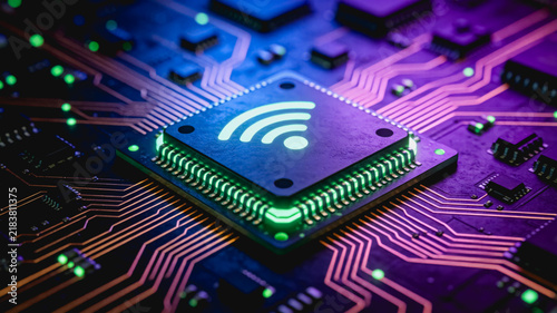 Wifi Enabled Microchip On Printed Circuit Board Close Up