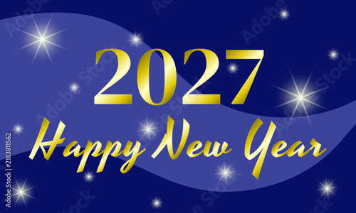 Poster with abstract starry sky and golden inscription 2027 Happy New Year.