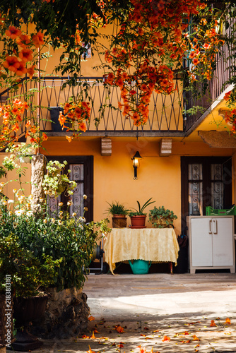 Cour intérieure dans une maison italienne. Patio en Italie. Jardin fleuri à Florence