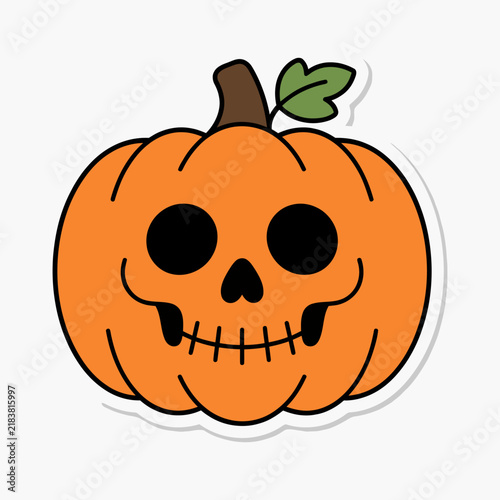 Classic orange pumpkin with a creepy skull face carving and white die-cut border. Ideal vector sticker illustration for Halloween party decors, planner stickers, t-shirt prints, and decals