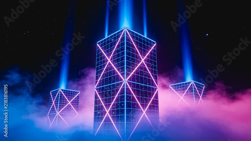Futuristic Neon Skyscrapers with Blue Light Beams at Night