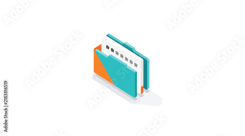 Isometric file folder with document pages.