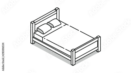 Isometric line art double bed furniture icon.