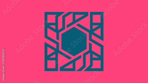 Blue geometric hexagonal pattern on vibrant pink background.