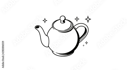 Minimalist line art teapot illustration with decorative sparkles.