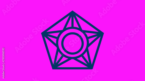 Blue geometric star pentagon logo on pink.