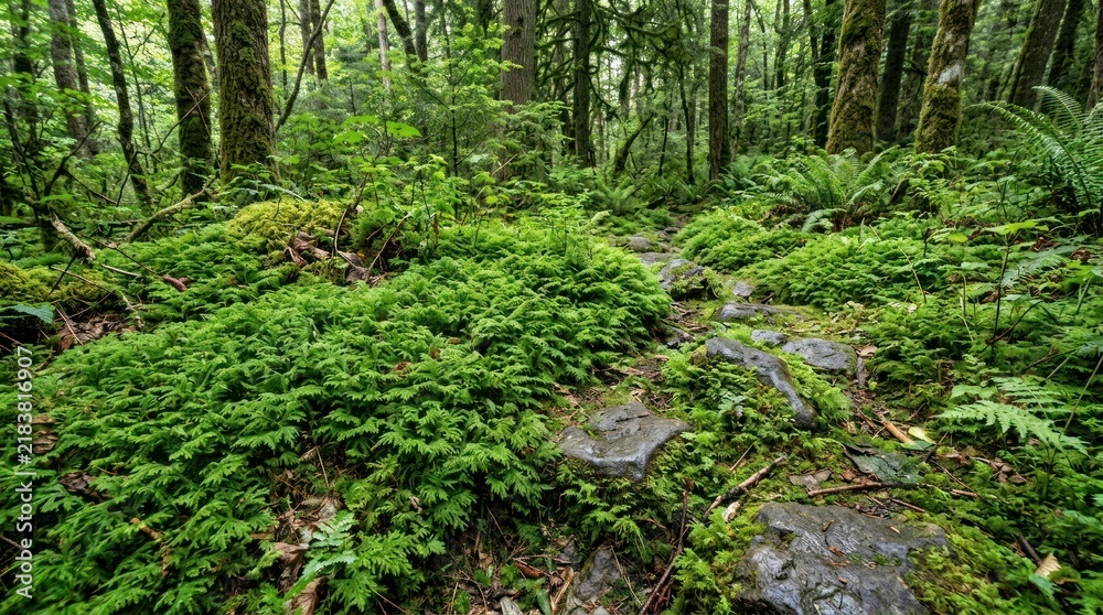 Fototapeta premium A lush green forest floor with moss, ferns, and rocks, with a mix of green and brown tones.