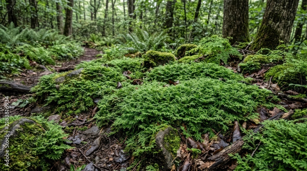 Fototapeta premium A lush, green forest floor with moss and ferns, a path leading through the undergrowth, and a tree trunk in the background.