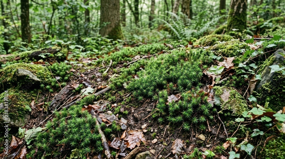 Fototapeta premium A forest floor with moss and ferns, with a mix of green and brown colors, and a variety of textures and patterns.