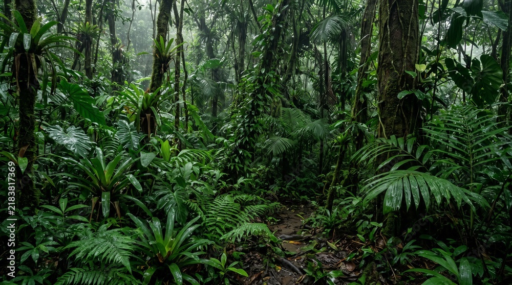 Obraz premium Lush green dense jungle path with tropical plants and trees in misty humid atmosphere