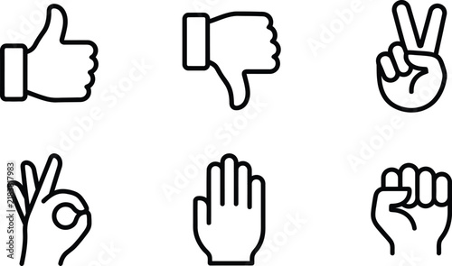 A collection of six minimalist black and white line art hand gesture icons representing various common communication signals and social interactions