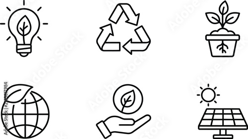 A collection of six minimalist black and white line art icons representing various sustainable energy and eco-friendly environmental conservation concepts today