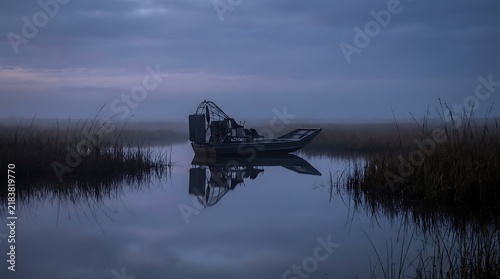 An airboat floating silently on a misty marshland water under a twilight sky during twilight hour