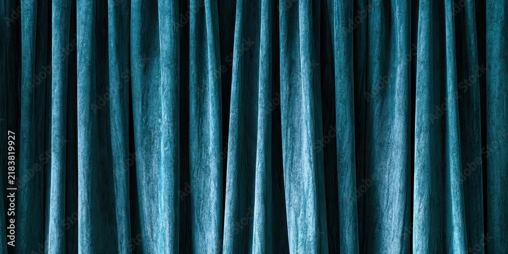 Fototapeta premium Elegant blue velvet curtains with soft shadows and rich texture folds. Luxury textile backdrop for interior design presentation, theater stage background, cinema premier, and premium brand layout.