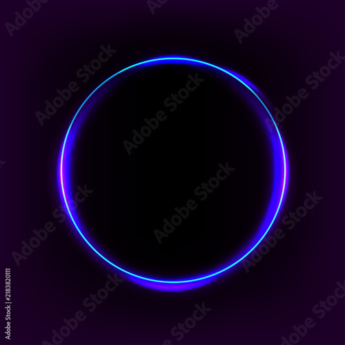 Abstract glowing blue neon circle frame isolated on a dark purple background with copy space