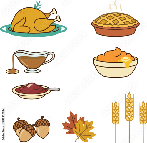 Cartoon Thanksgiving Dinner Food Roasted Turkey Lattice Pie Sweet Potatoes Gravy Cranberry