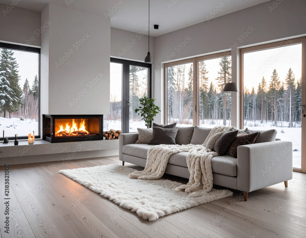 Obraz premium A cozy modern living room with a crackling fireplace and snowy forest views through floortoceiling windows. This tranquil, minimalist space offers comfort, warmth, and luxury. No people used.