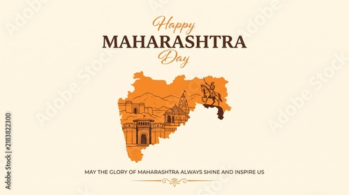 Maharashtra Day greeting card features state map and landmarks.