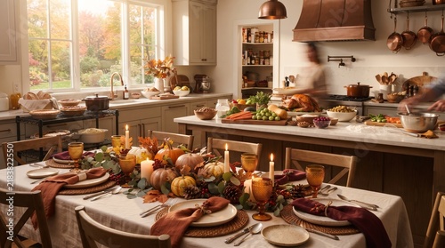  Preparing Thanksgiving kitchen scene with festive table setting, pumpkins and autumn dishes ready for family harvest dinner